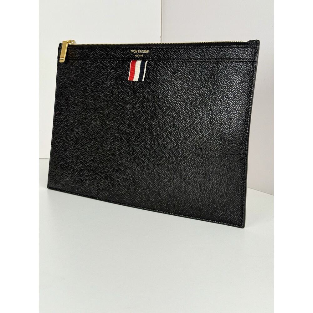 Thom Browne Logo Printed Zipped Clutch Black Caviar Leather Bag
